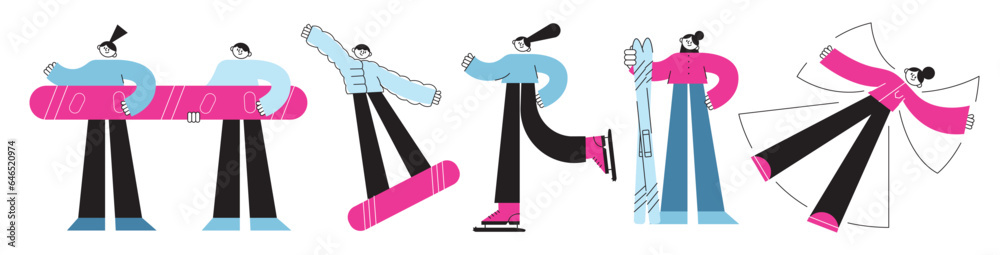 Winter sports skating set. Skiers and snowboards athletes, mountains ski jumping and freestyle, skates, snow angel, olympic games. winter People active poses vector cartoon flat isolated on background