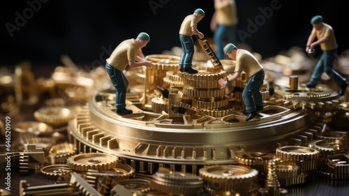 Group of toy plastic workers building large industrial mechanical contraption working as a team. Generative AI