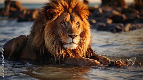 A lion sitting near the lake