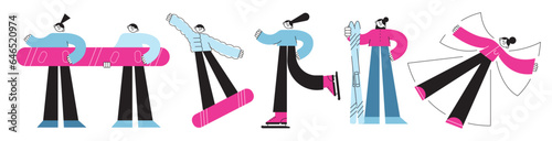 Winter sports skating set. Skiers and snowboards athletes, mountains ski jumping and freestyle, skates, snow angel, olympic games. winter People active poses vector cartoon flat isolated on background