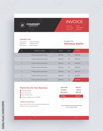 Business invoice form template. Invoicing quotes, money bills or price invoices and payment agreement design templates. Tax form, bill graphic or payment receipt page vector
