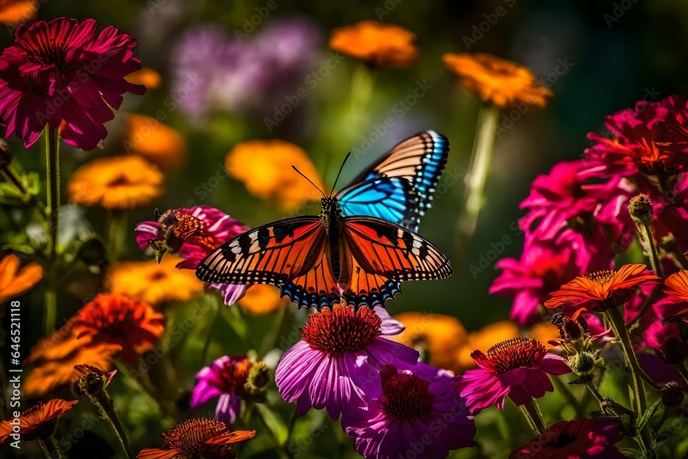 A beautifully butterfly flying on the colorful flowers. AI Generative