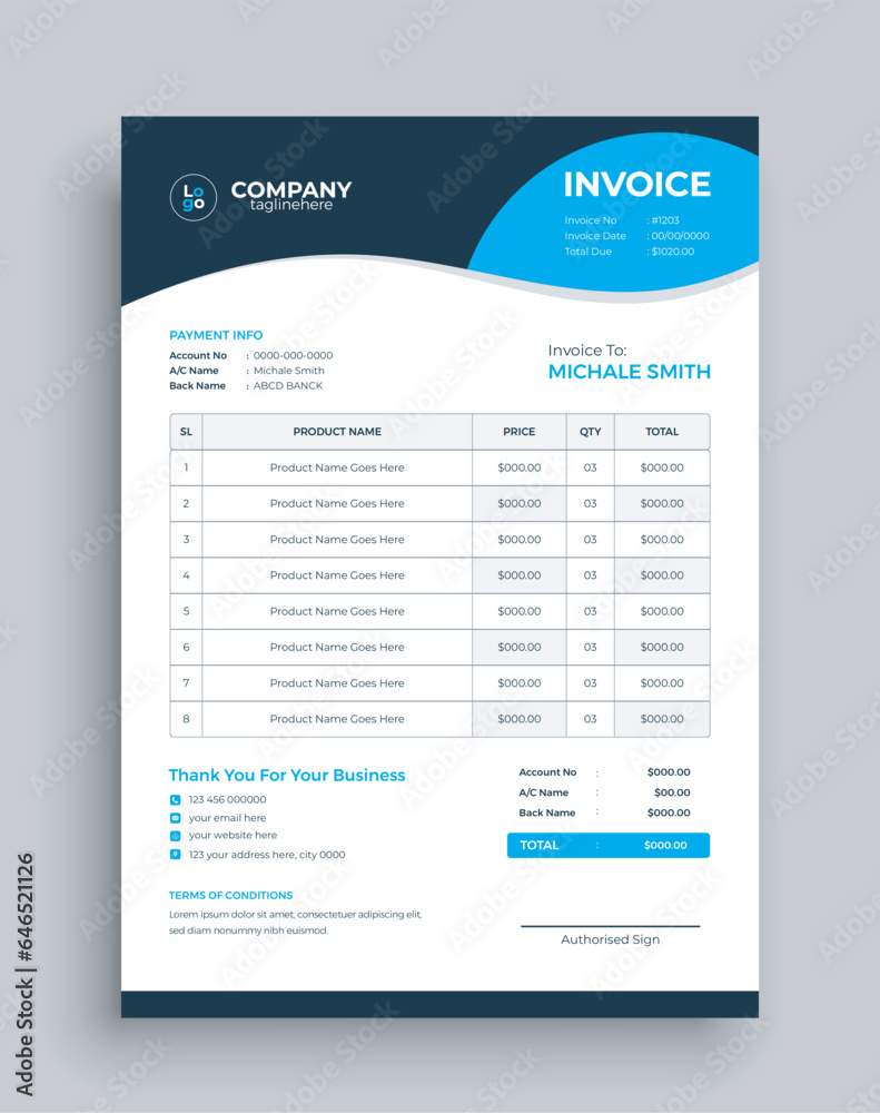 Corporate business invoice design template. Professional and minimal invoice template, Bill form business invoice. Corporate business invoice design template. Professional and minimal invoice template, Bill form business invoice.