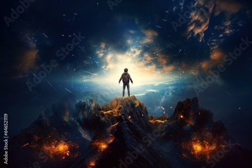 A young man standing on top of a burning mountain looking at the sky and talking to God Generative AI Illustration