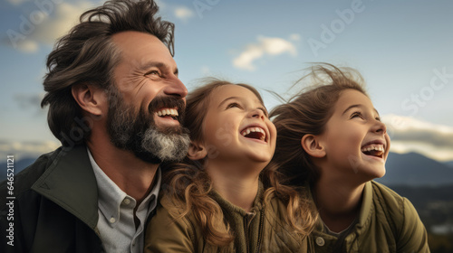 Сhild daughter with father and mother, looking up, happy, happy and smiling person, soft colors, inspirational faces