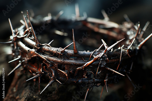 Background of a crown of thorns of Jesus Christ our Savior crucifixion on top of old wood Generative AI Illustration