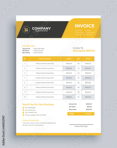 Corporate business invoice design template. Professional and minimal invoice template, Bill form business invoice.