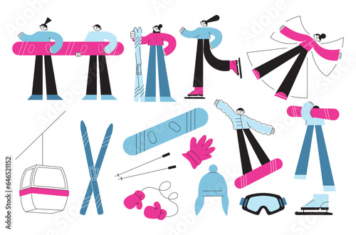 Winter sports equipment set. Skiers and snowboards, mountains ski jumping.  People active poses snowboard, ski, gloves, glasses, hat, ski lift, skates. Mountain skiing and skating activity on holidays