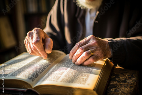 An elderly man with white beard with his hands on top of a Bible praying and studying the holy scriptures Generative AI Illustration photo