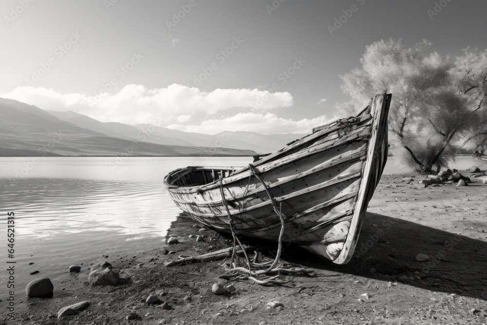Black and white landscape of an abandoned wooden fishing boat next to the bank of a calm and peaceful river Generative AI Illustration