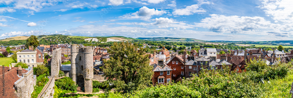 A panorama view towards the barbican and town from the upper levels of the castle keep in Lewes, Sussex, UK in summertime