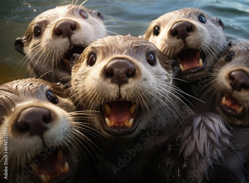 A group of otters look at the camera in a friendly way