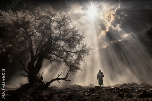 Silhouette of Abraham the father of faith in a nocturnal landscape talking to God next to a big tree Generative AI Illustration photo