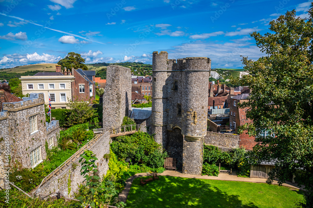 A view towards the castle barbican from the upper levels of the castle keep in Lewes, Sussex, UK in summertime