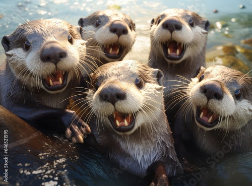 A group of otters look at the camera in a friendly way © cherezoff