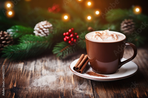 Hot Chocolate Cup with Christmas Pine Background With Snowfall - Festive Treat, Generative AI