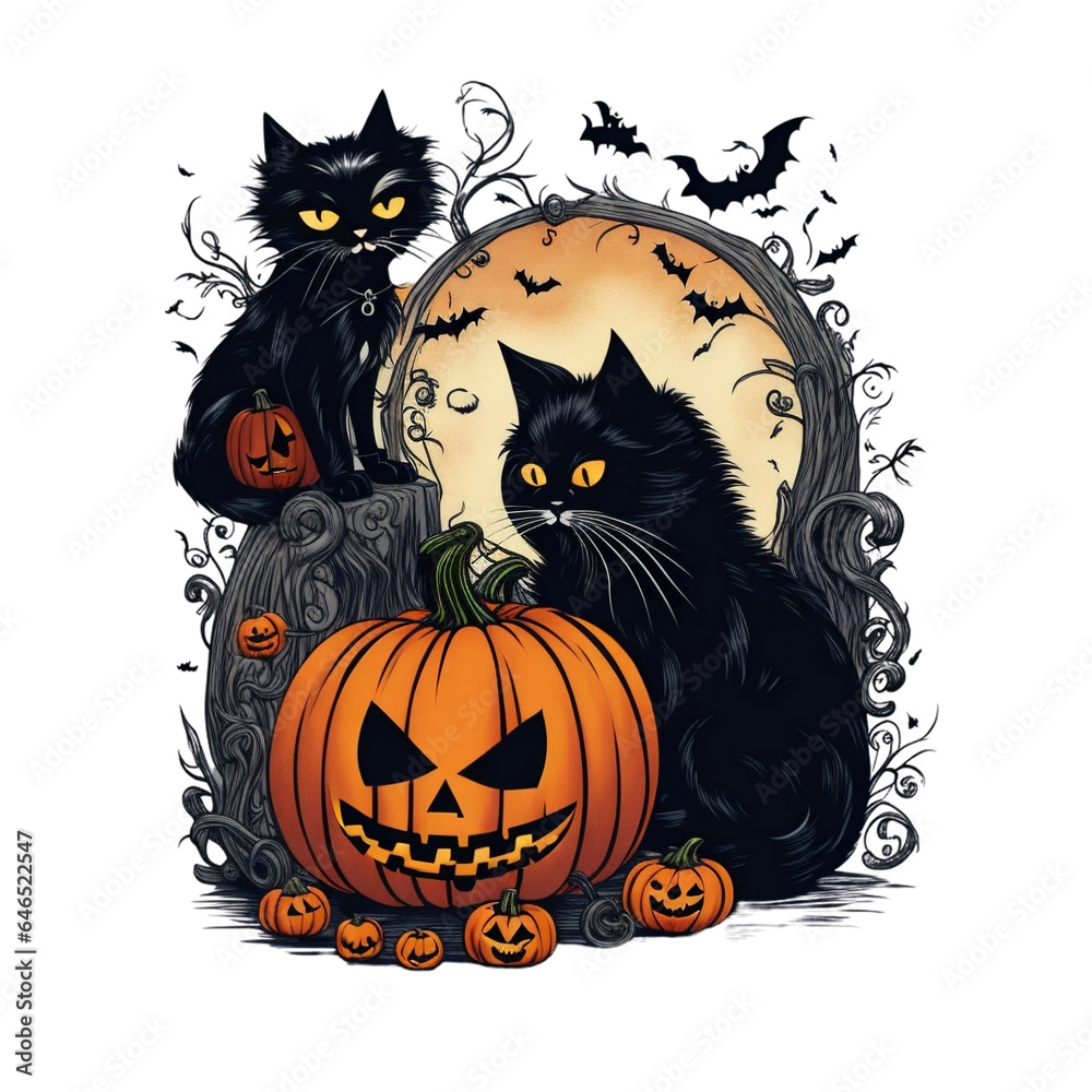 black cats and a jack-o'-lantern on a white background artwork for halloween black cats and a jack-o'-lantern on a white background artwork for halloween