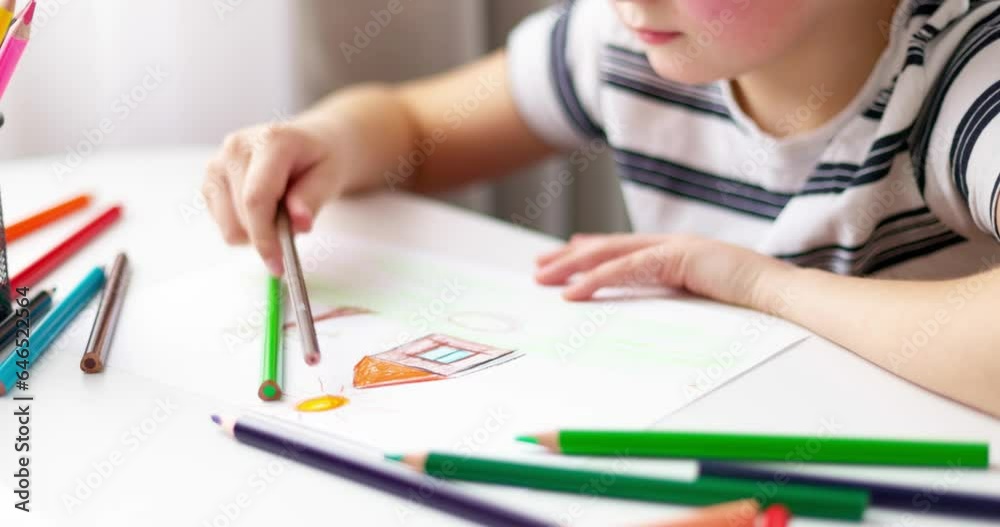 Cute boy drawing on a piece of paper with color pencils at home or classroom Cute boy drawing on a piece of paper with color pencils at home or classroom