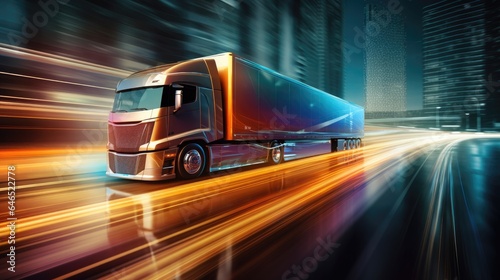 Modern lorry speeding down the highway. Generative AI