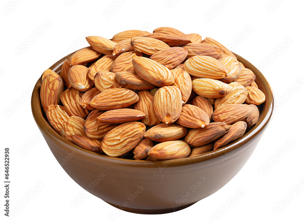 Heap of peeled almonds in a bowl. Isolated on a white background
