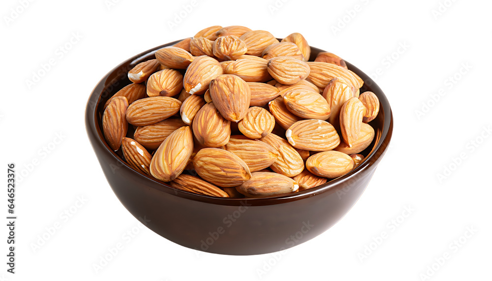 Heap of peeled almonds in a bowl. Isolated on a white background Heap of peeled almonds in a bowl. Isolated on a white background
