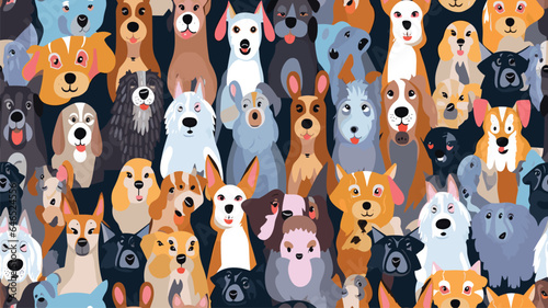 Fototapeta Naklejka Na Ścianę i Meble -  Funny dog animal crowd cartoon seamless pattern in flat illustration style. Cute puppy pet group background, diverse domestic dogs breed wallpaper.