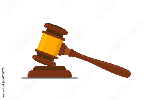 Judge gavel. Wooden lawyer hammer icon in flat style. Symbol of justice, judge's decision. Auction sign. vector illustration