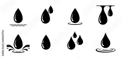 Water drop icon. Black liquid droplet silhouette. Set of raindrop with splash. Collection of simple blood drops. vector illustration.