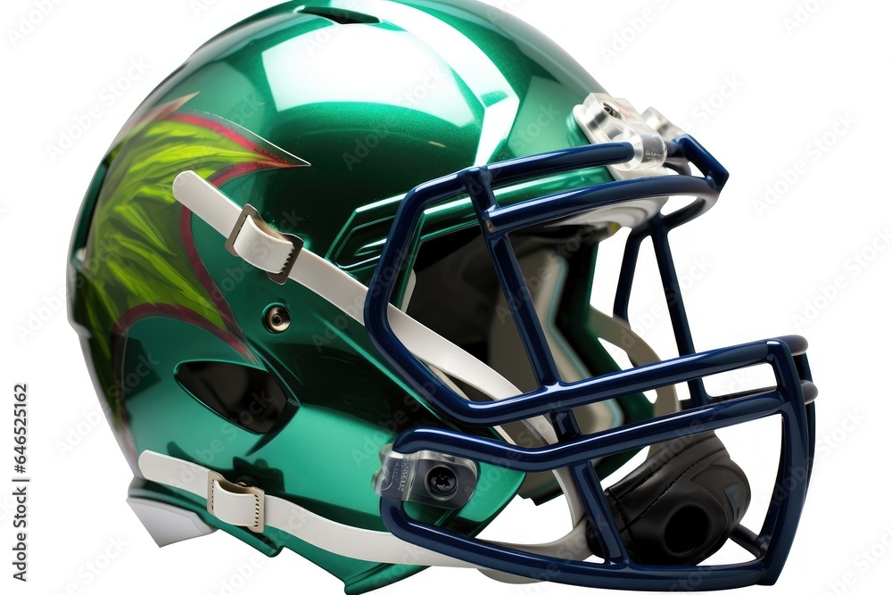 Fototapeta premium Green American football helmet illustration, white background. Generative AI