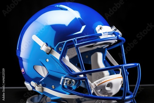 Blue American football helmet illustration, black background. Generative AI