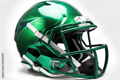 Green American football helmet illustration, white background. Generative AI