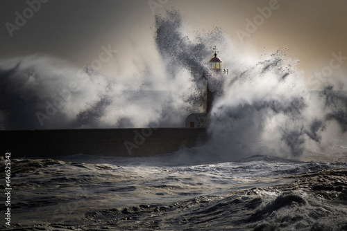 Foto Farol sendo atingido por um forte onda em Porto, Portugal