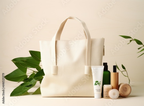 A bag with cosmetics is filled with natural things