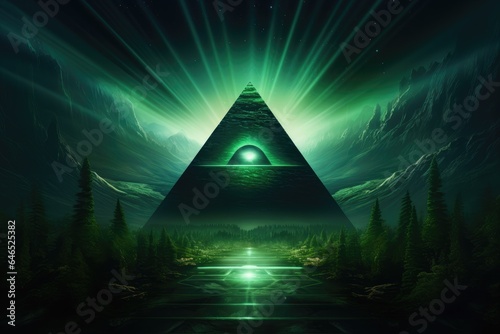 Landscape with pyramid, light and green tone, mystery concept. Generative AI