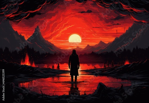 Landscape with man, mountains and red sunset, fantasy concept. Generative AI