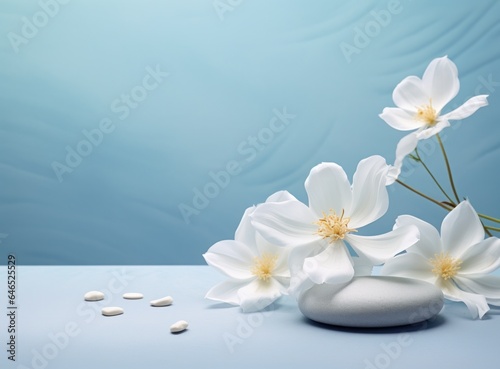 Blue cosmetic background with white flower