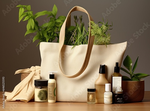 A bag with cosmetics is filled with natural things