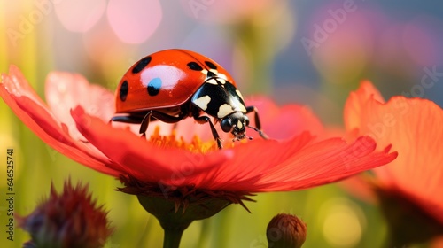 Little ladybug on flower, insect life. Generative AI