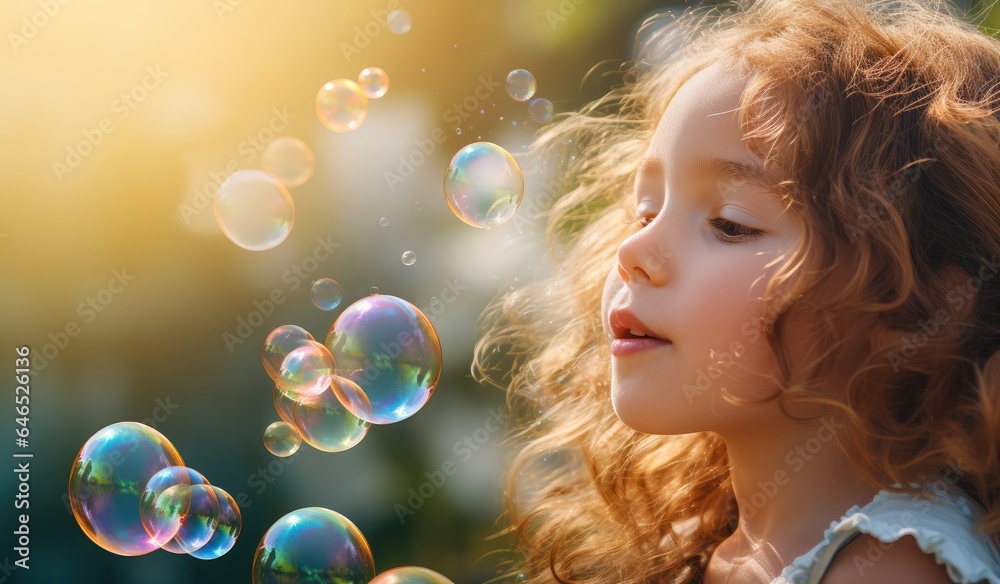 Beautiful blonde child girl playing among the soap bubbles. Generative AI Beautiful blonde child girl playing among the soap bubbles. Generative AI