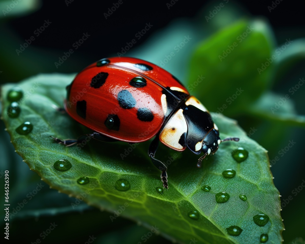 Little ladybug on a leaf with raindrops, insect life. Generative AI Little ladybug on a leaf with raindrops, insect life. Generative AI