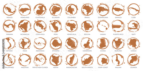 Collection of coffee cup round stains shaped like a coffee origin countries, producers and exporters.