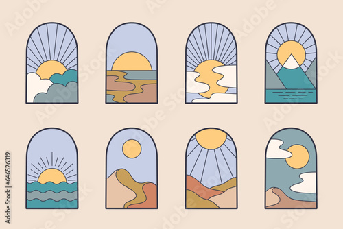 Abstract design nature landscape logo template with mountains, sun and water, window view. Modern bohemian minimal linear badge, emblem set for social media, rentals, travel services.