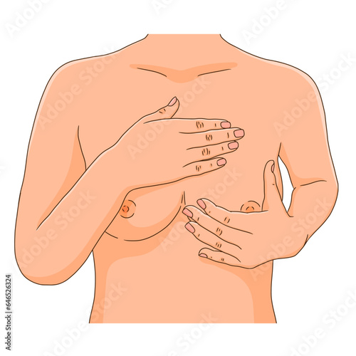 Woman performing monthly breast check for tumor and lump. Cancer self exam. Part of female torso with hands over the boobs