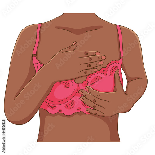Female breast health concept. Black woman wearing pink lace bra, hands over the chest. Self diagnostic, mammography importance concept.