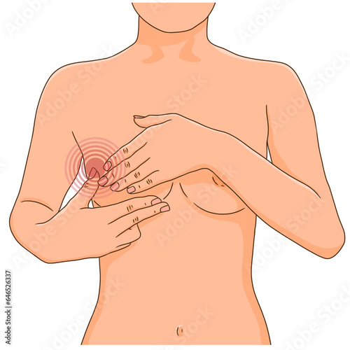 Breast pain illustration. Woman performing monthly breast check for tumor and lump. Cancer self exam