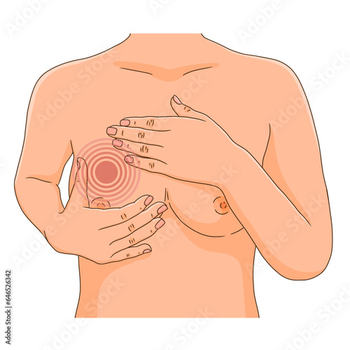 Woman performing monthly breast check for tumor and lump. Cancer self exam. Part of female torso with hands over the boobs
