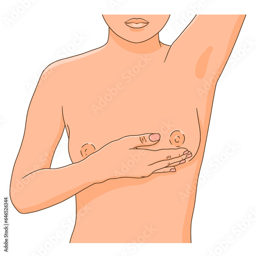 Woman performing monthly self exam for breast cancer, one arm raised