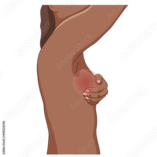 Black woman performing monthly self exam for breast cancer, side view