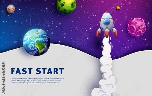 Space landing page. Business fast start. Startup launch social media homepage template, company internet site vector layout or business project website background with cartoon rocket spaceship takeoff