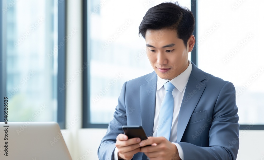 Asian businessman with cell phone in hand and smiling. Generative AI Asian businessman with cell phone in hand and smiling. Generative AI